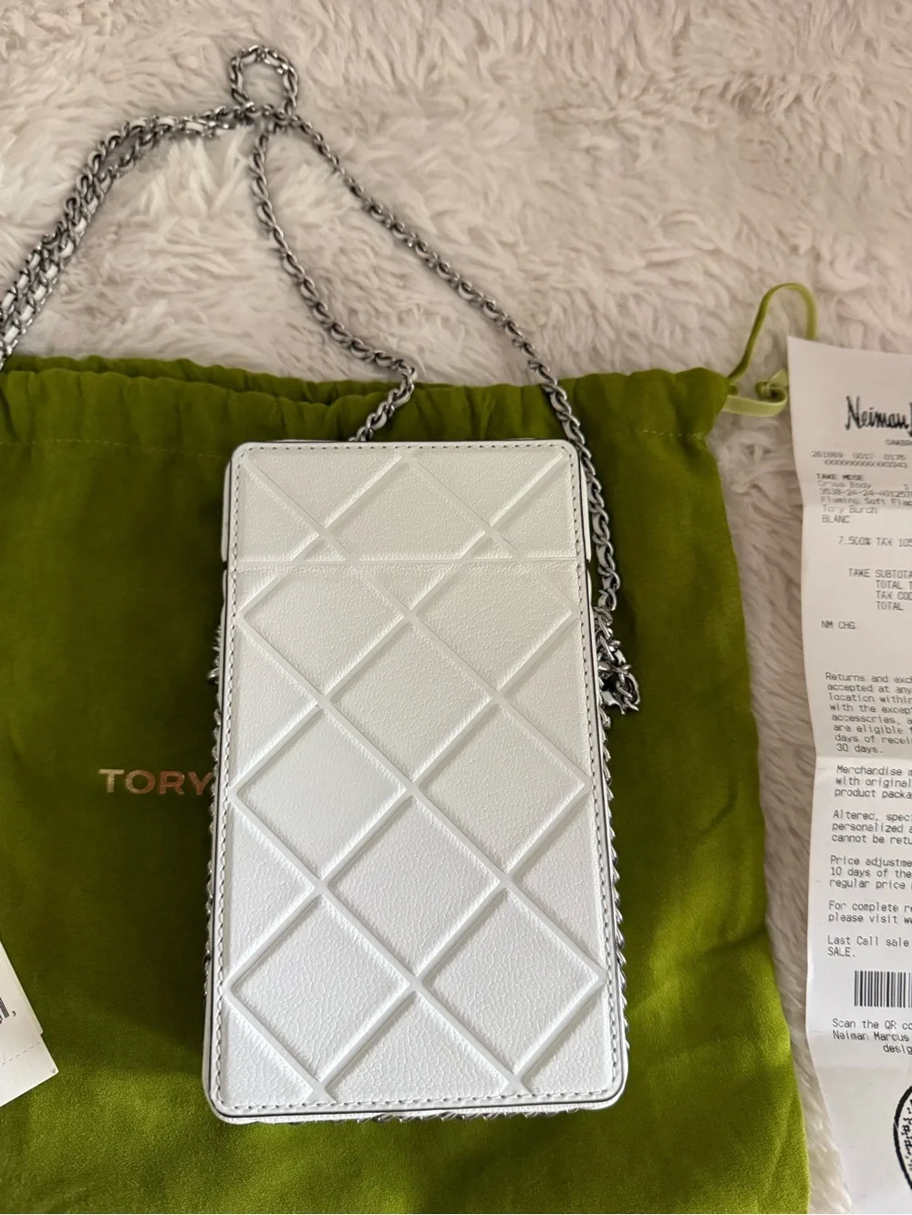 Tory Burch White Quilted Phone Crossbody with Silver Chain